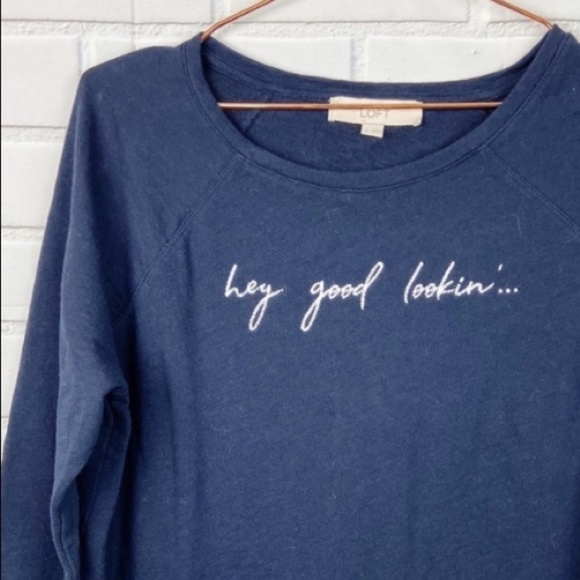 LOFT Dark Blue Scoop Neck 3/4 Sleeve Embroidered Sweatshirt Women L - Picture 2 of 6